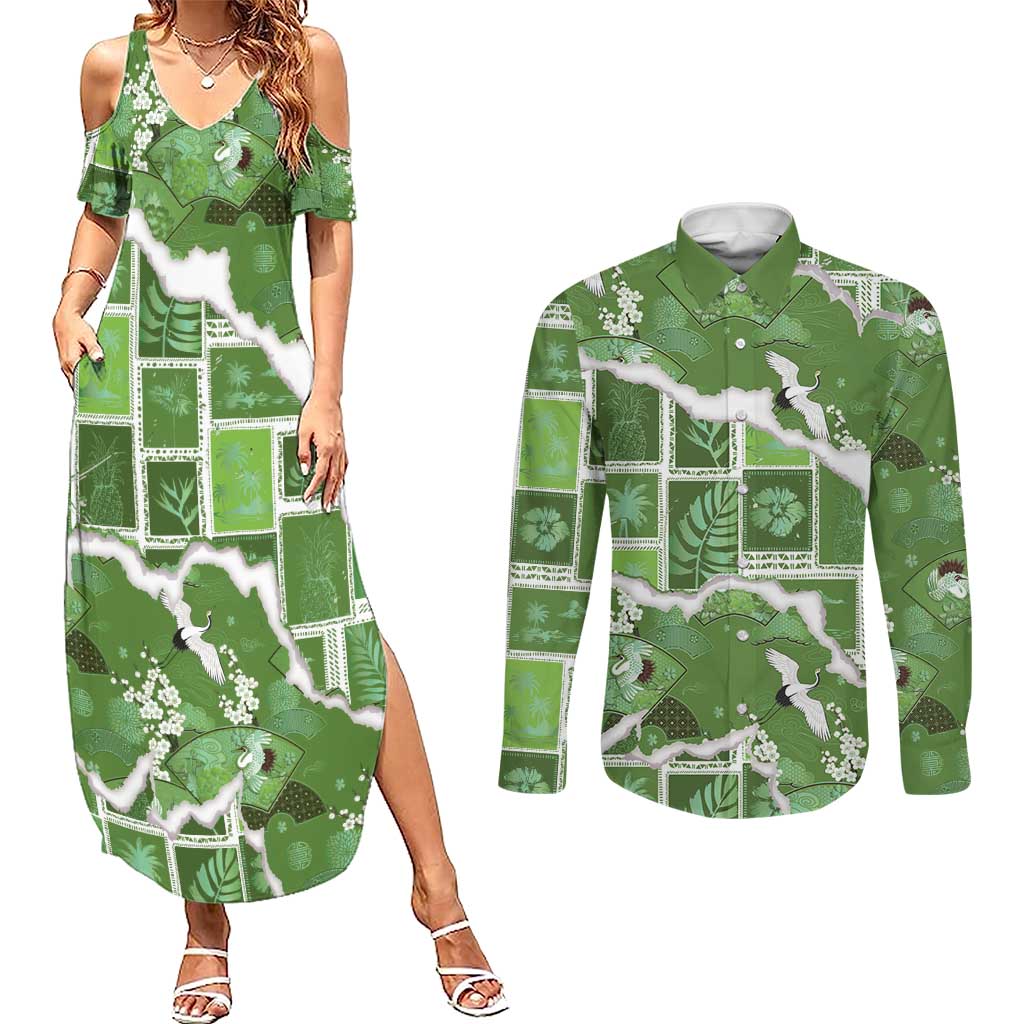 Hawaii Japanese Culture Sage Green Couples Matching Summer Maxi Dress and Long Sleeve Button Shirt Spring Cranes Aloha Pattern LT01 Sage - Polynesian Pride