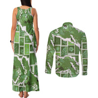 Hawaii Japanese Culture Sage Green Couples Matching Tank Maxi Dress and Long Sleeve Button Shirt Spring Cranes Aloha Pattern