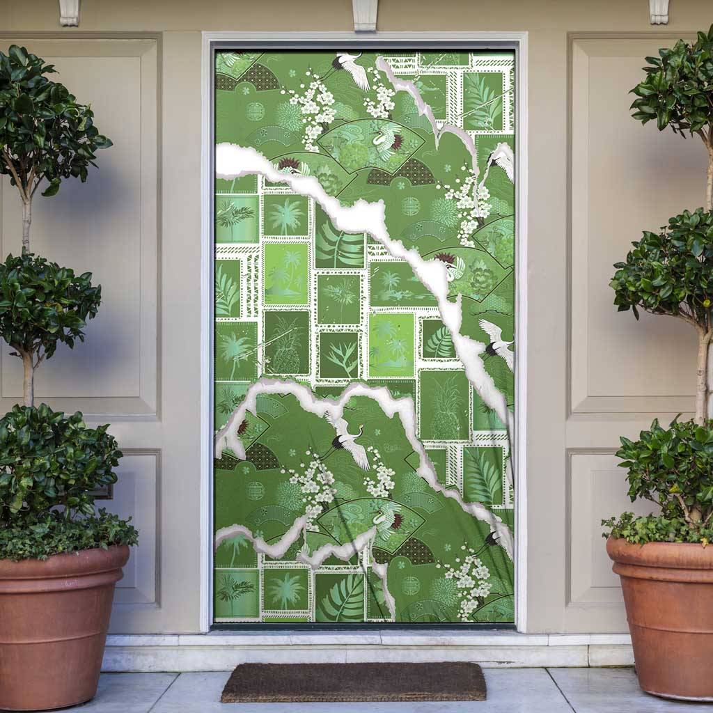 Hawaii Japanese Culture Sage Green Door Cover Spring Cranes Aloha Pattern