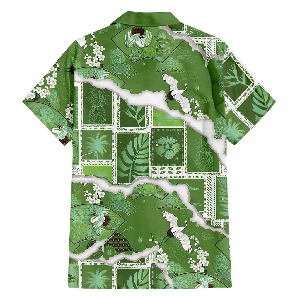 Hawaii Japanese Culture Sage Green Family Matching Long Sleeve Bodycon Dress and Hawaiian Shirt Spring Cranes Aloha Pattern LT01 - Polynesian Pride