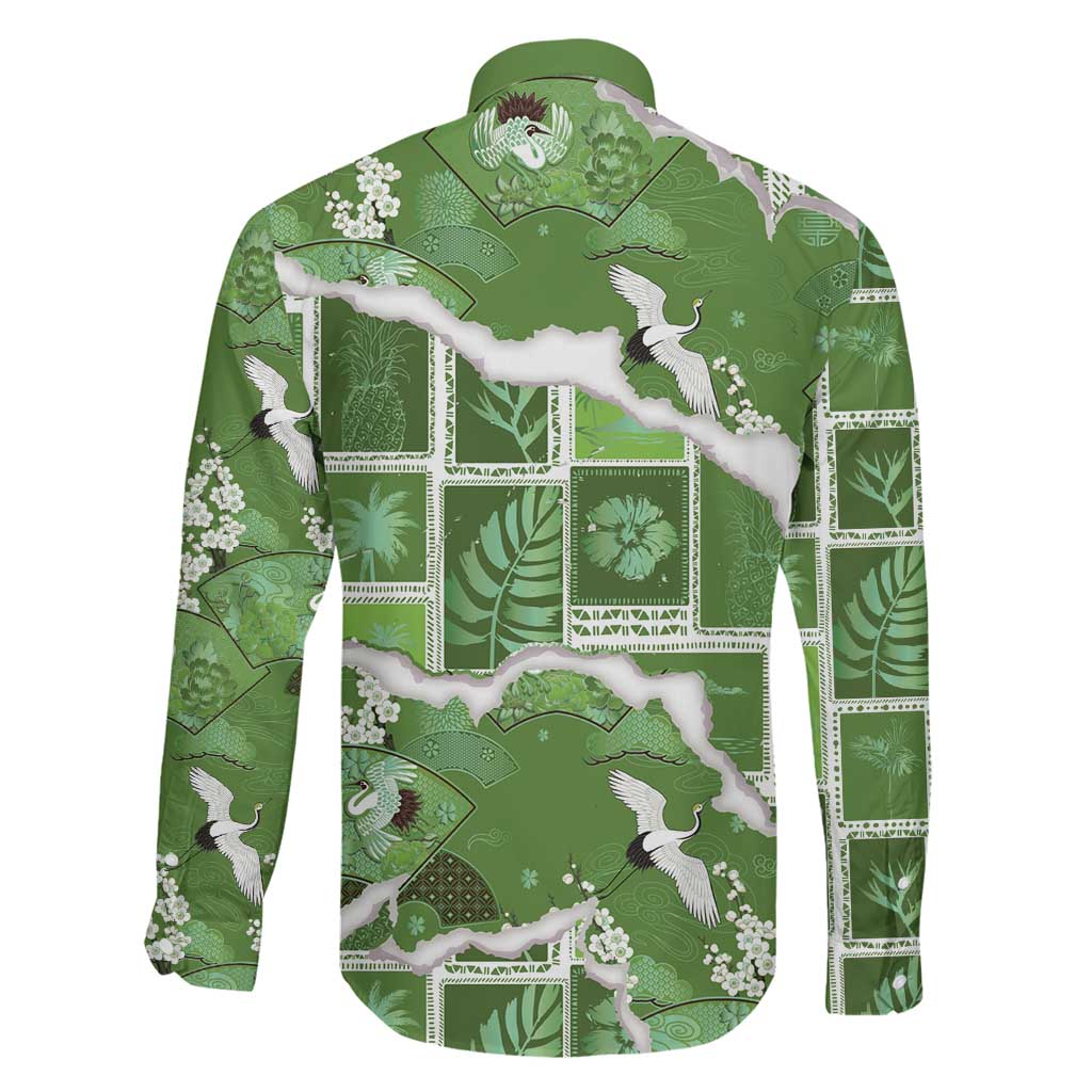 Hawaii Japanese Culture Sage Green Family Matching Off Shoulder Maxi Dress and Hawaiian Shirt Spring Cranes Aloha Pattern LT01 - Polynesian Pride