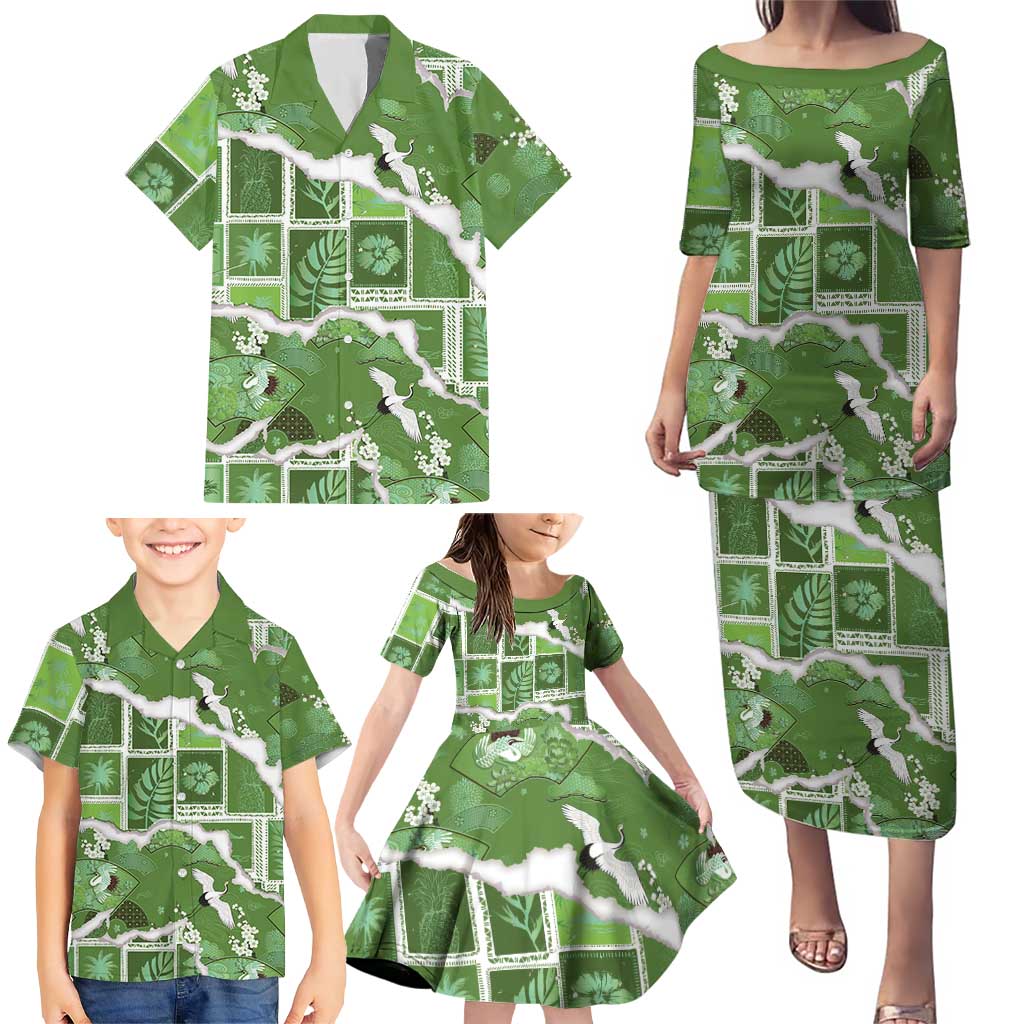 Hawaii Japanese Culture Sage Green Family Matching Puletasi and Hawaiian Shirt Spring Cranes Aloha Pattern LT01 - Polynesian Pride