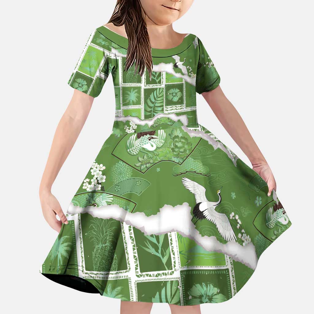 Hawaii Japanese Culture Sage Green Family Matching Summer Maxi Dress and Hawaiian Shirt Spring Cranes Aloha Pattern LT01 Daughter's Dress Sage - Polynesian Pride