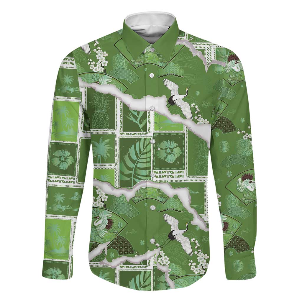 Hawaii Japanese Culture Sage Green Family Matching Summer Maxi Dress and Hawaiian Shirt Spring Cranes Aloha Pattern LT01 Dad's Shirt - Long Sleeve Sage - Polynesian Pride