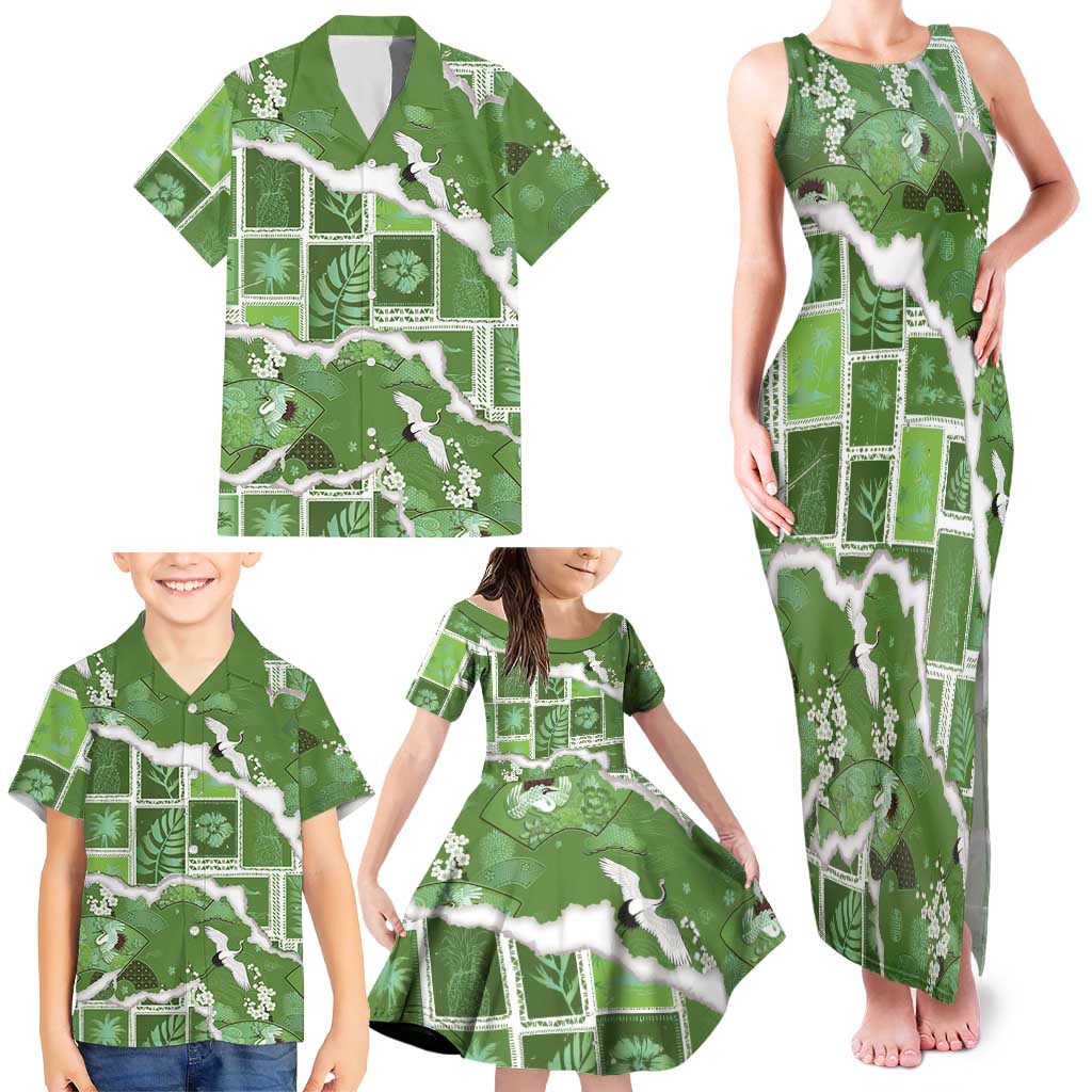 Hawaii Japanese Culture Sage Green Family Matching Tank Maxi Dress and Hawaiian Shirt Spring Cranes Aloha Pattern LT01 - Polynesian Pride