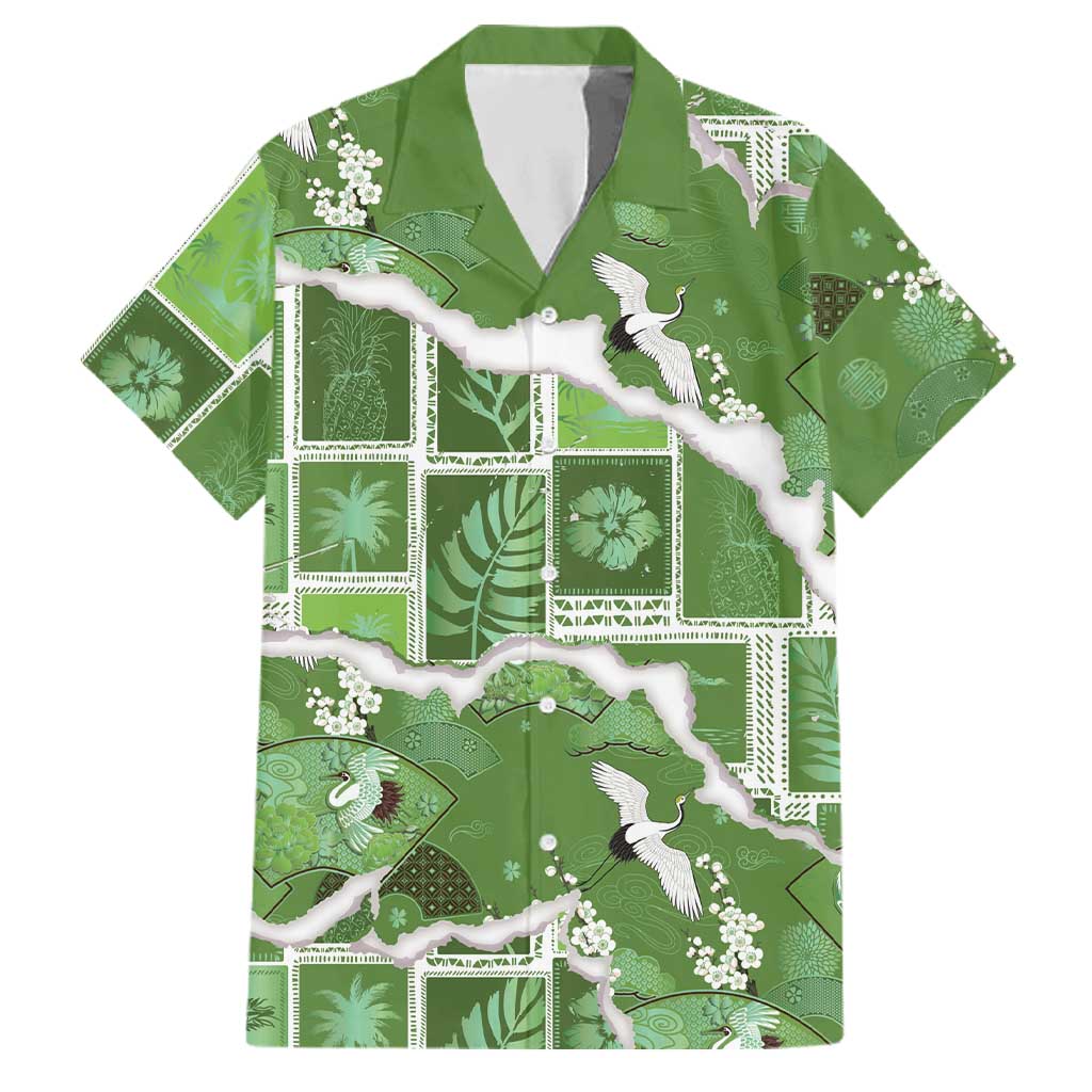 Hawaii Japanese Culture Sage Green Family Matching Tank Maxi Dress and Hawaiian Shirt Spring Cranes Aloha Pattern LT01 Dad's Shirt - Short Sleeve Sage - Polynesian Pride