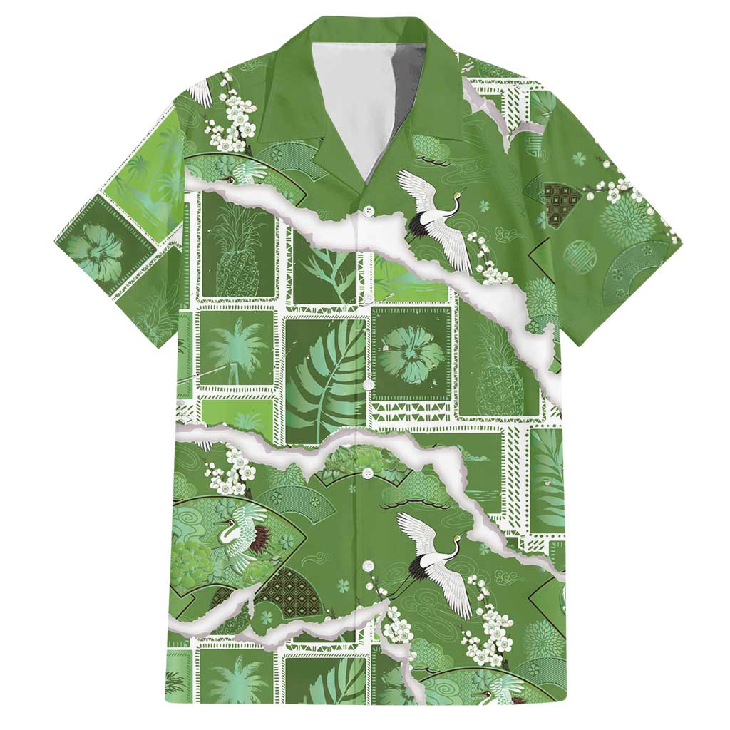 Hawaii Japanese Culture Sage Green Hawaiian Shirt Spring Cranes Aloha Pattern LT01 Sage - Polynesian Pride