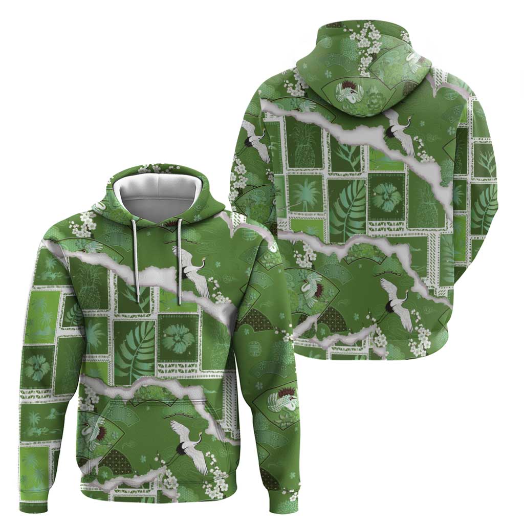 Hawaii Japanese Culture Sage Green Hoodie Spring Cranes Aloha Pattern LT01 - Polynesian Pride