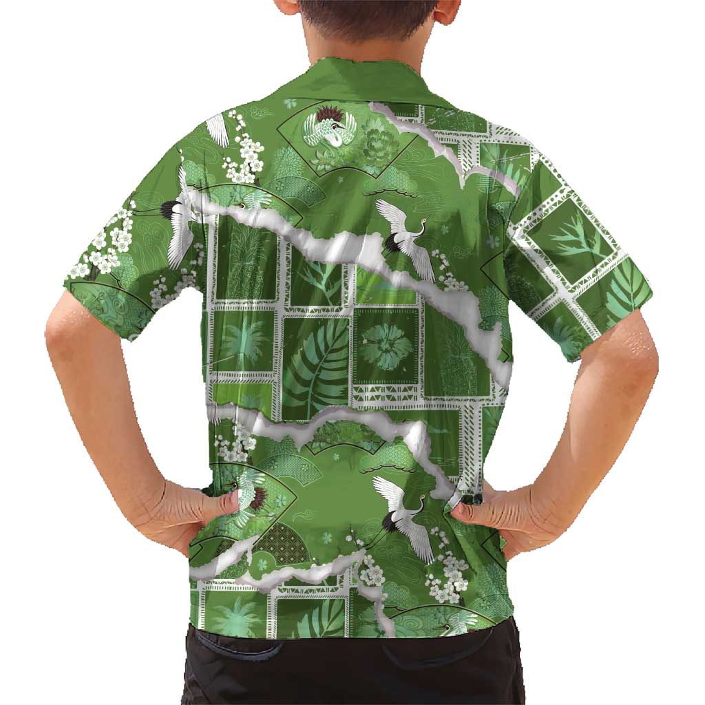 Hawaii Japanese Culture Sage Green Kid Hawaiian Shirt Spring Cranes Aloha Pattern LT01 - Polynesian Pride