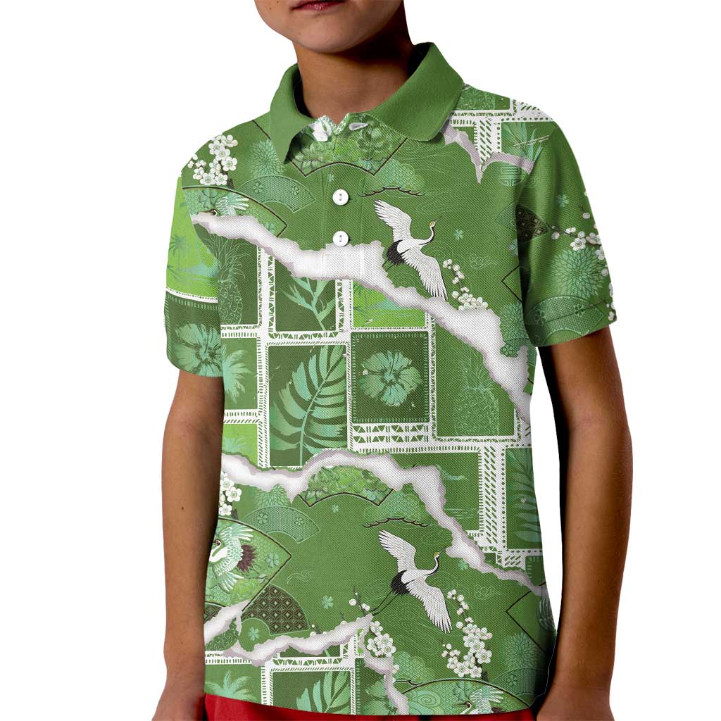 Hawaii Japanese Culture Sage Green Kid Polo Shirt Spring Cranes Aloha Pattern