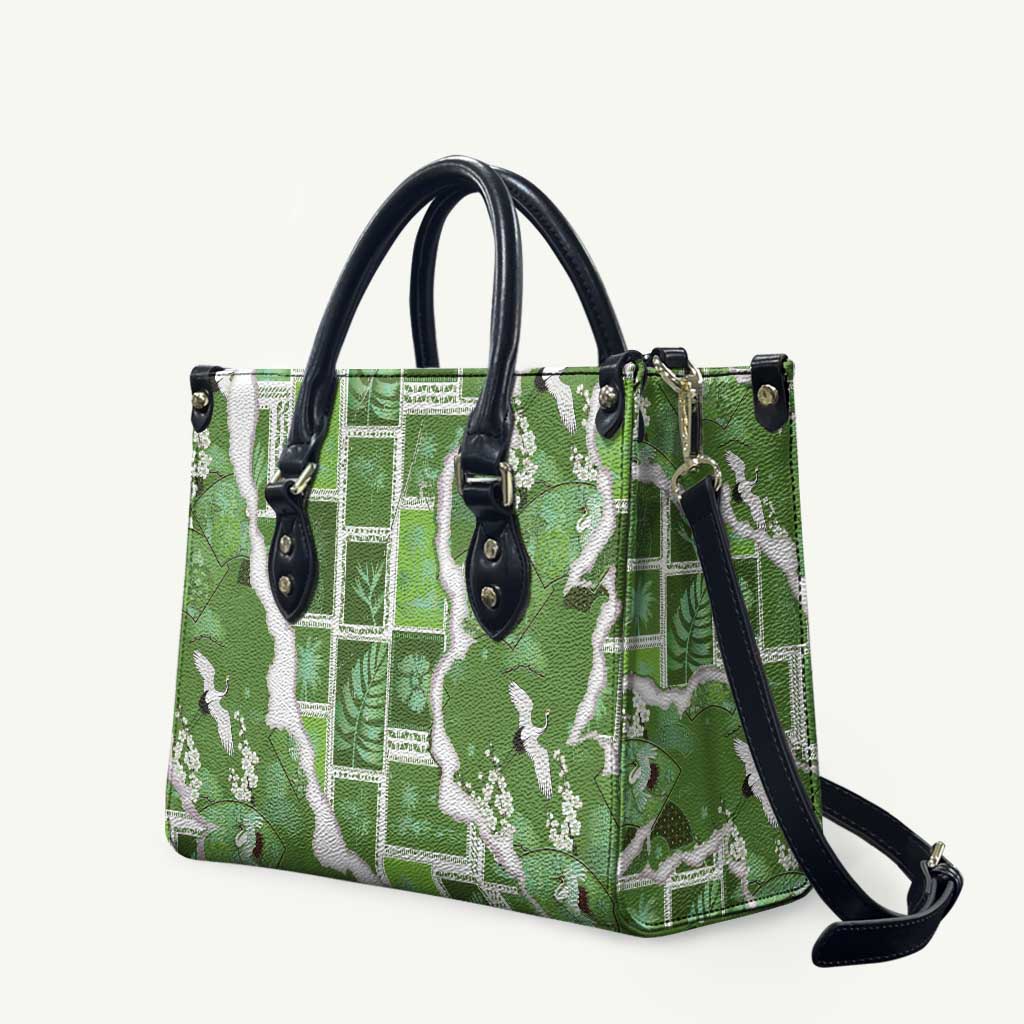 Hawaii Japanese Culture Sage Green Leather Bag Spring Cranes Aloha Pattern