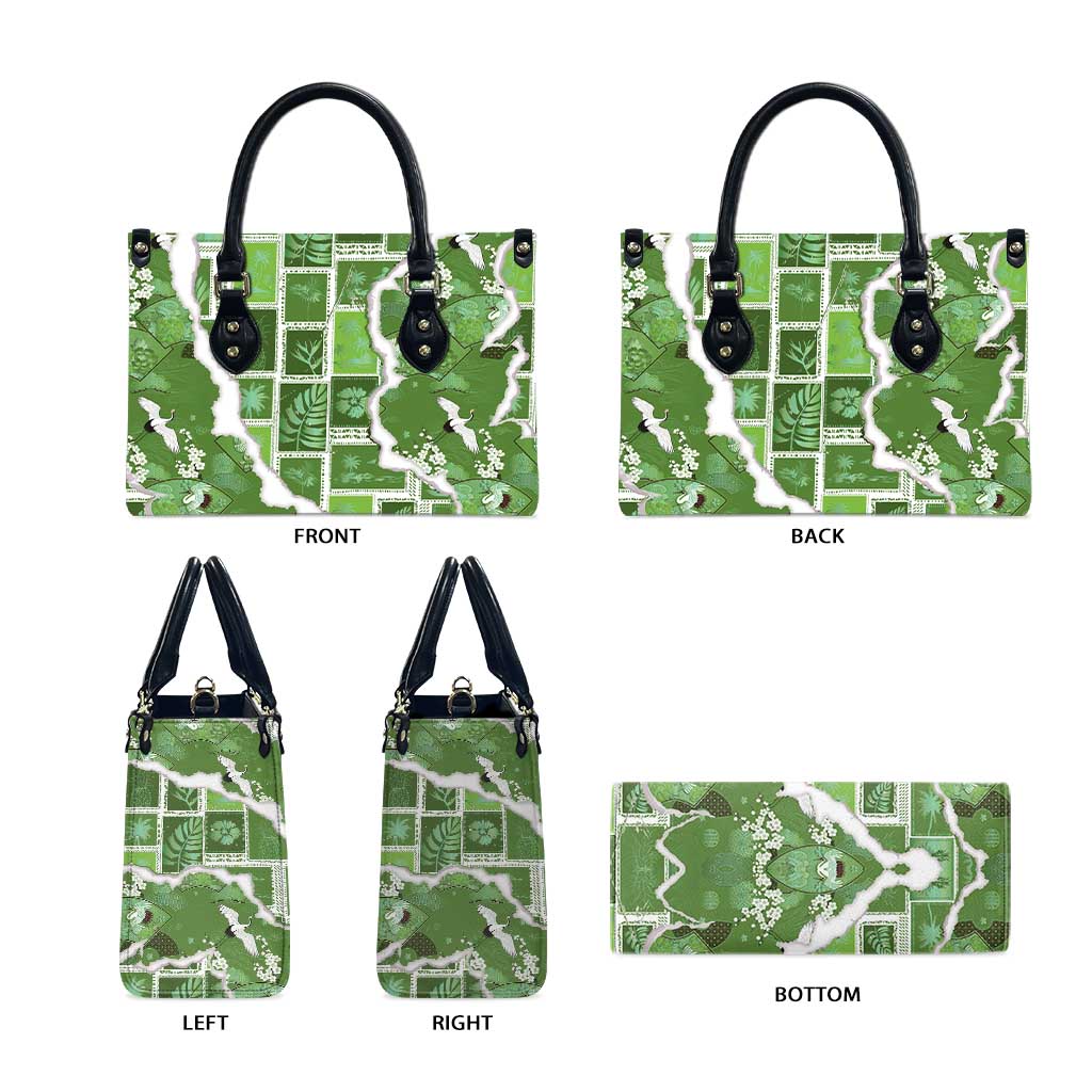 Hawaii Japanese Culture Sage Green Leather Bag Spring Cranes Aloha Pattern