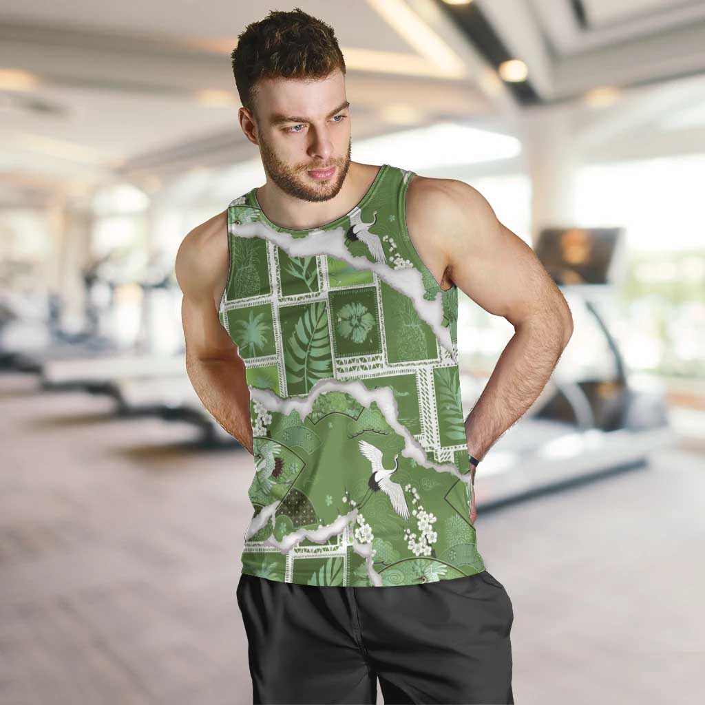 Hawaii Japanese Culture Sage Green Men Tank Top Spring Cranes Aloha Pattern