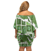 Hawaii Japanese Culture Sage Green Off Shoulder Short Dress Spring Cranes Aloha Pattern LT01 - Polynesian Pride