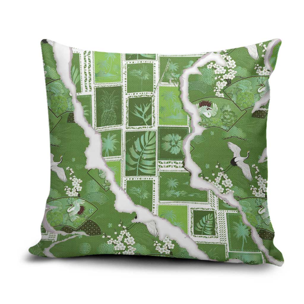 Hawaii Japanese Culture Sage Green Pillow Cover Spring Cranes Aloha Pattern