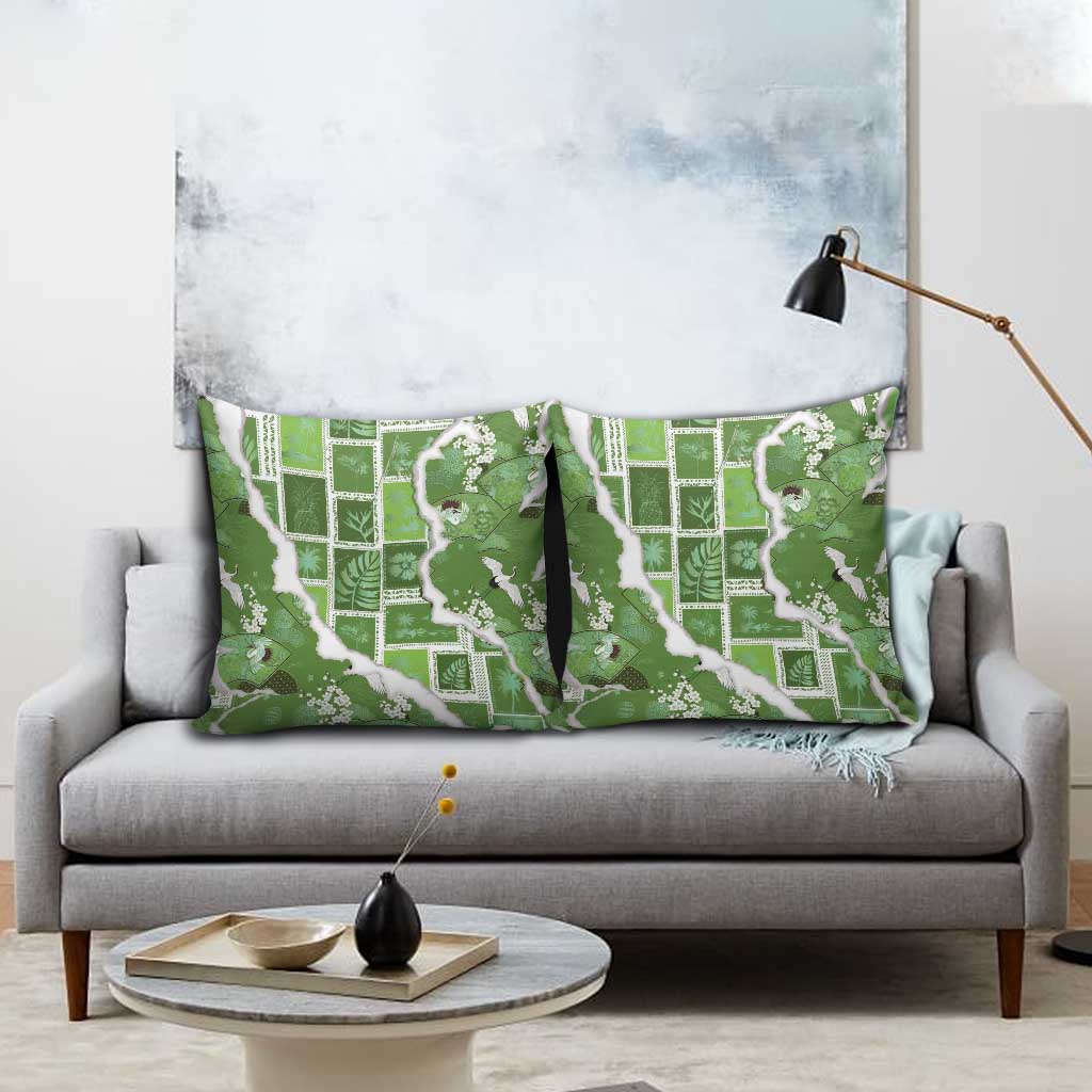 Hawaii Japanese Culture Sage Green Pillow Cover Spring Cranes Aloha Pattern