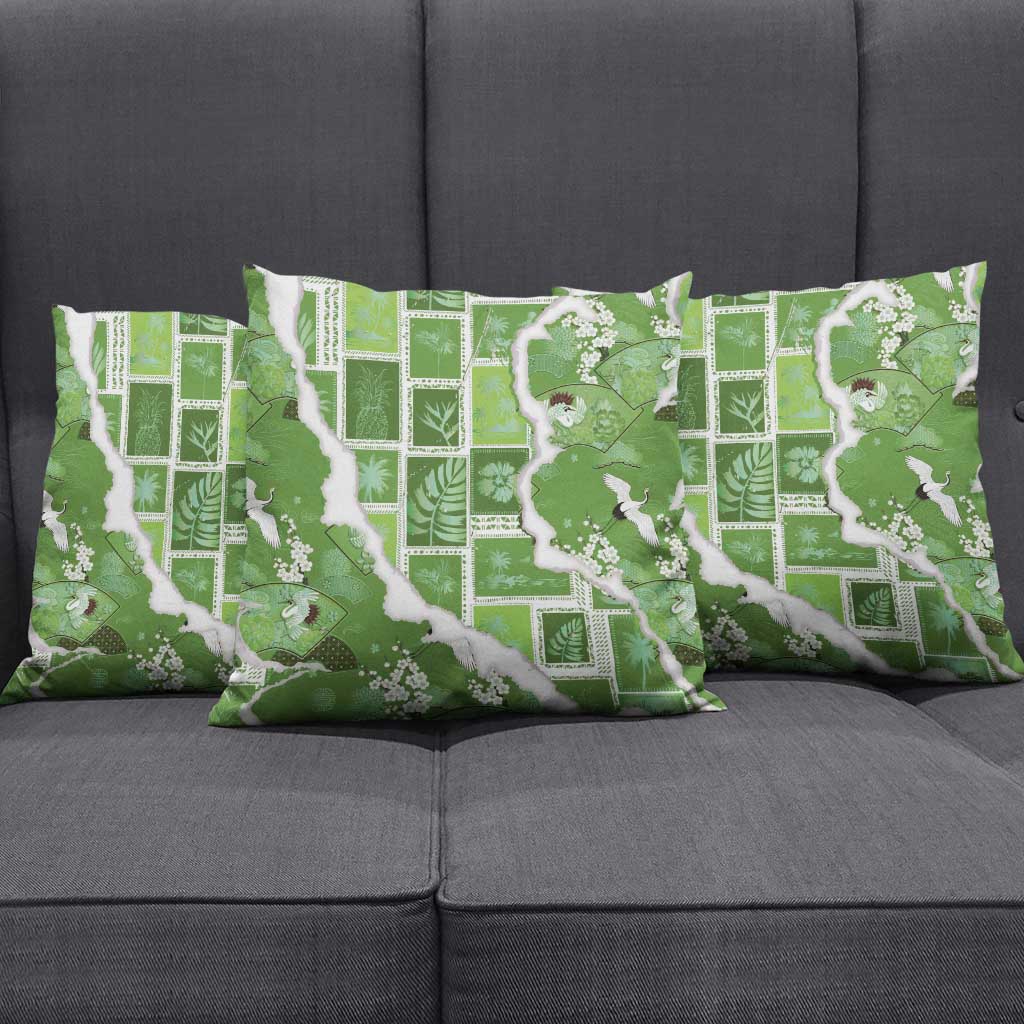 Hawaii Japanese Culture Sage Green Pillow Cover Spring Cranes Aloha Pattern