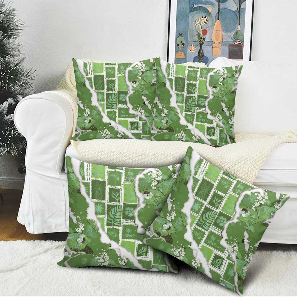 Hawaii Japanese Culture Sage Green Pillow Cover Spring Cranes Aloha Pattern