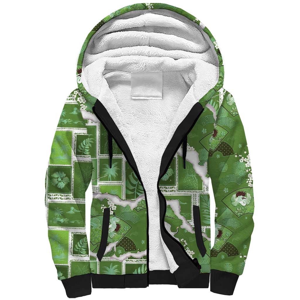 Hawaii Japanese Culture Sage Green Sherpa Hoodie Spring Cranes Aloha Pattern LT01 Unisex Sage - Polynesian Pride