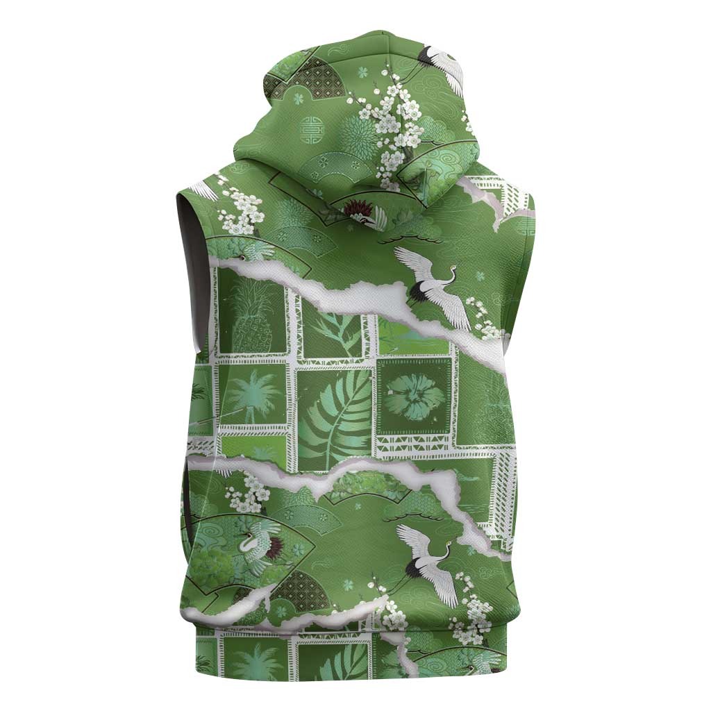 Hawaii Japanese Culture Sage Green Sleeveless Zip Hoodie Spring Cranes Aloha Pattern LT01 - Polynesian Pride