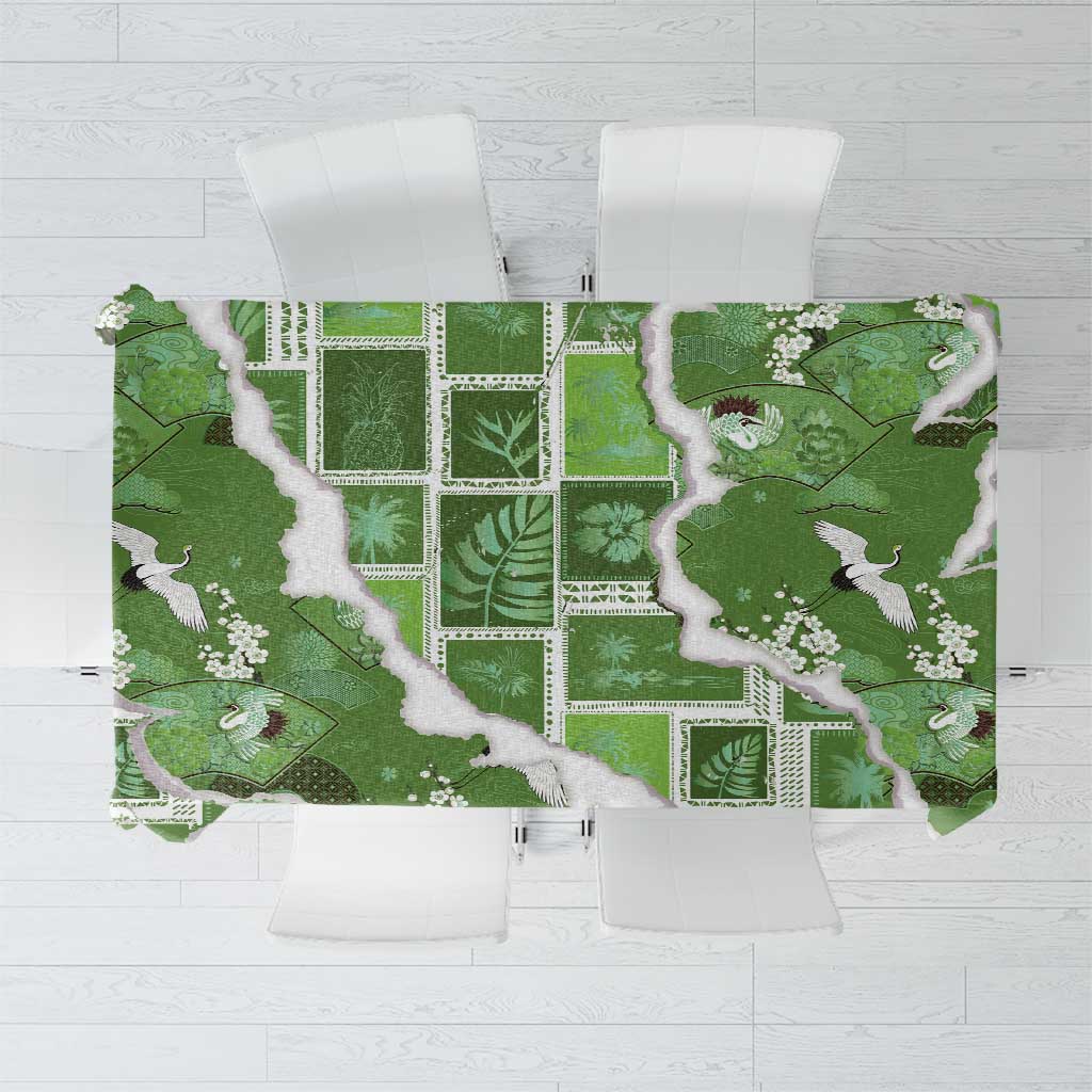Hawaii Japanese Culture Sage Green Tablecloth Spring Cranes Aloha Pattern