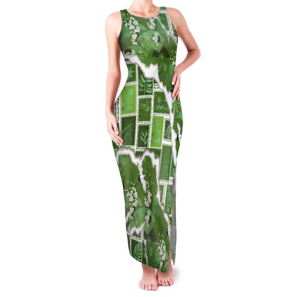 Hawaii Japanese Culture Sage Green Tank Maxi Dress Spring Cranes Aloha Pattern LT01 Women Sage - Polynesian Pride