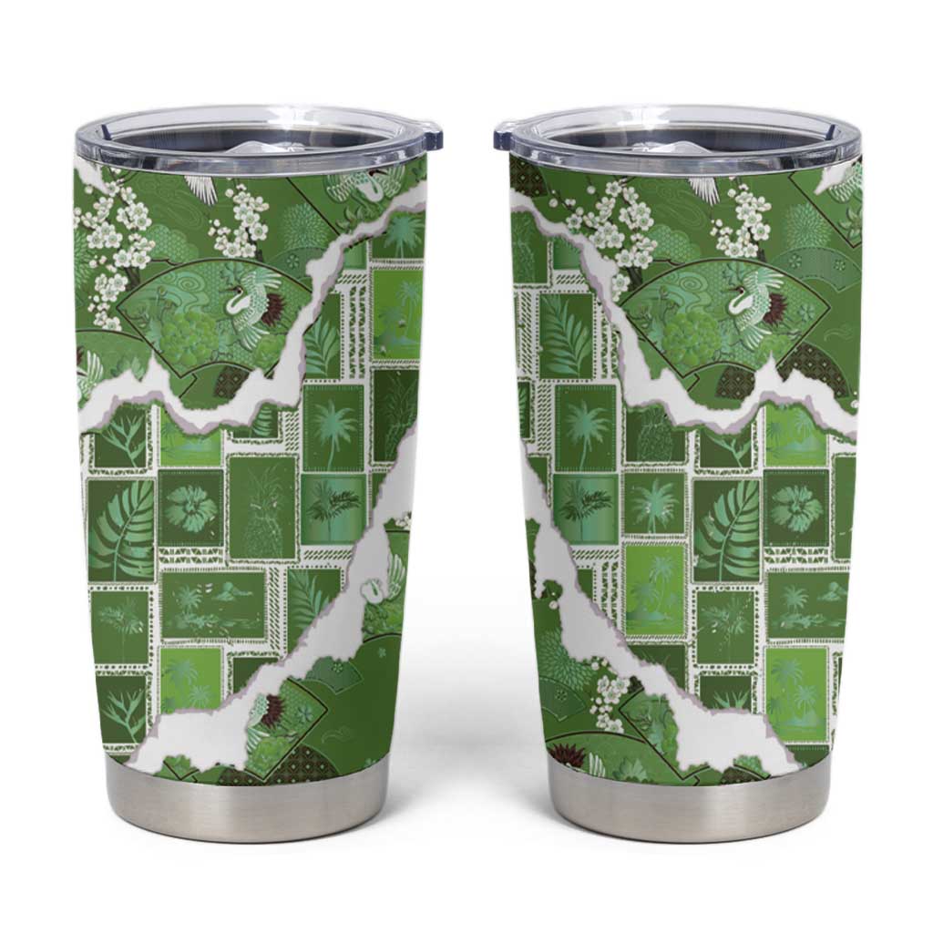 Hawaii Japanese Culture Sage Green Tumbler Cup Spring Cranes Aloha Pattern