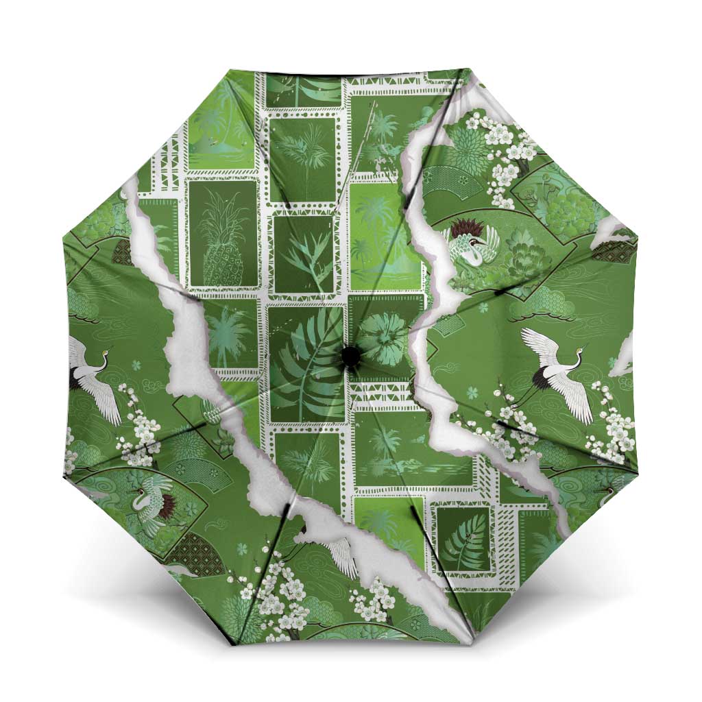 Hawaii Japanese Culture Sage Green Umbrella Spring Cranes Aloha Pattern