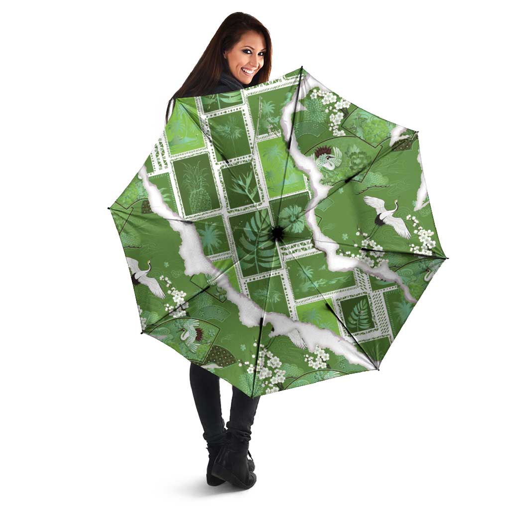 Hawaii Japanese Culture Sage Green Umbrella Spring Cranes Aloha Pattern