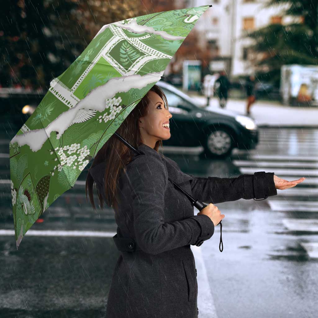 Hawaii Japanese Culture Sage Green Umbrella Spring Cranes Aloha Pattern