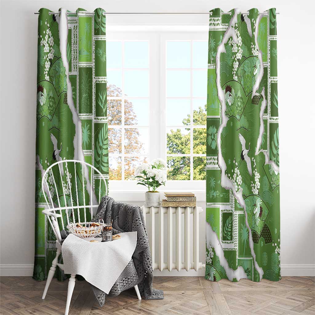 Hawaii Japanese Culture Sage Green Window Curtain Spring Cranes Aloha Pattern LT01 - Polynesian Pride