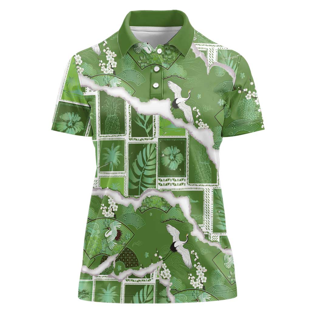 Hawaii Japanese Culture Sage Green Women Polo Shirt Spring Cranes Aloha Pattern LT01 Female Sage - Polynesian Pride
