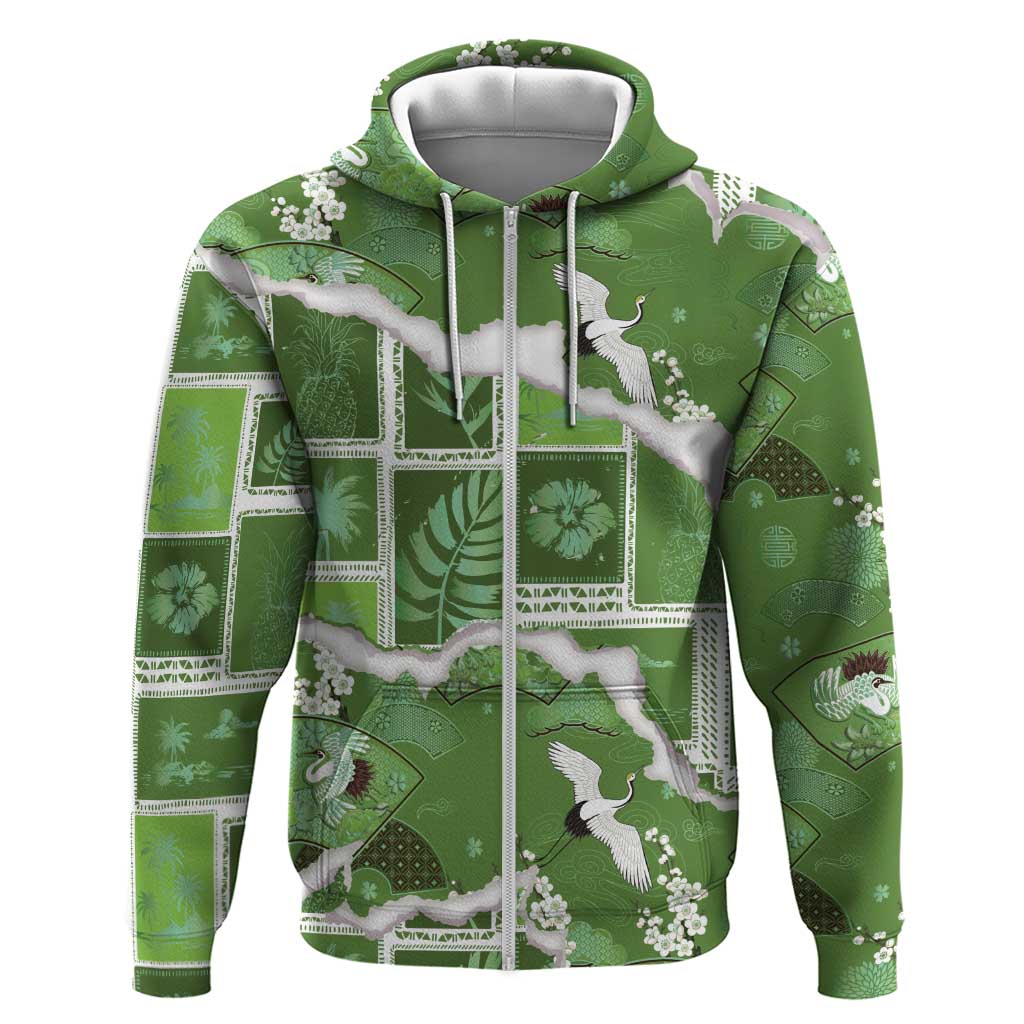 Hawaii Japanese Culture Sage Green Zip Hoodie Spring Cranes Aloha Pattern LT01 Zip Hoodie Sage - Polynesian Pride