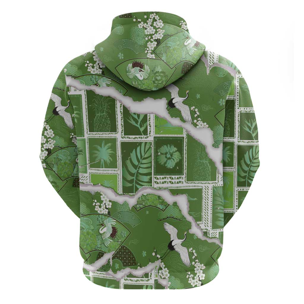 Hawaii Japanese Culture Sage Green Zip Hoodie Spring Cranes Aloha Pattern LT01 - Polynesian Pride