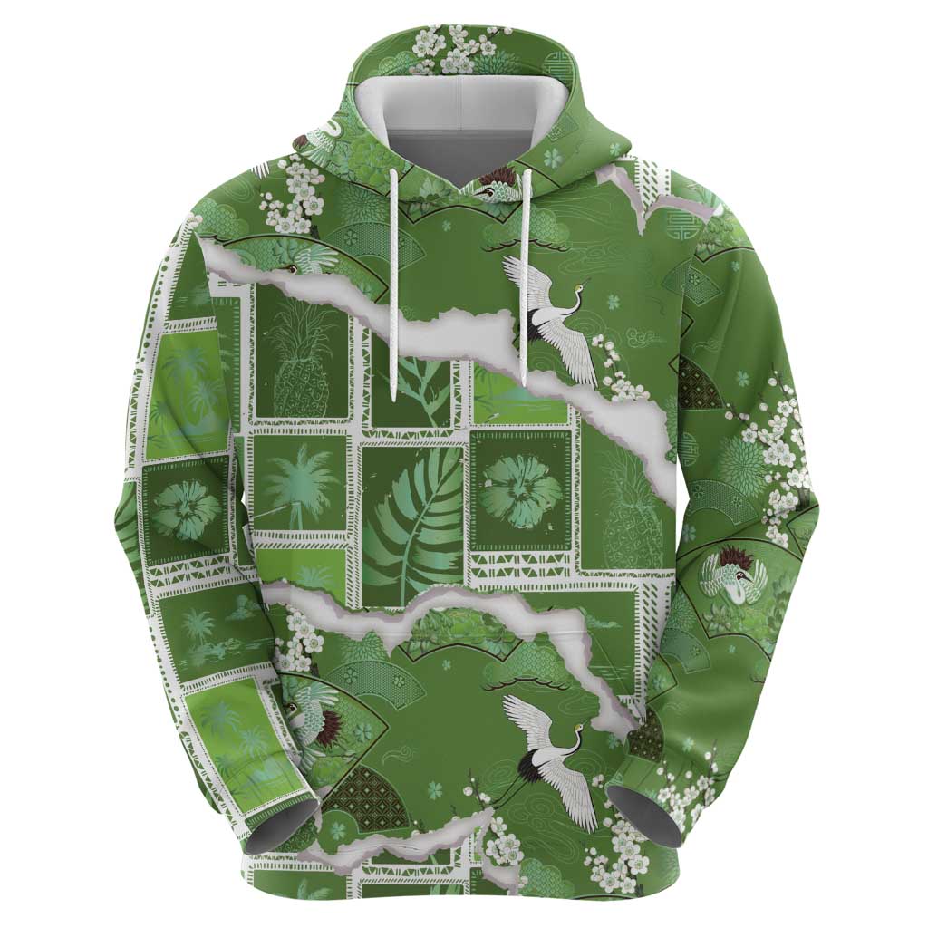 Hawaii Japanese Culture Sage Green Zip Hoodie Spring Cranes Aloha Pattern LT01 - Polynesian Pride