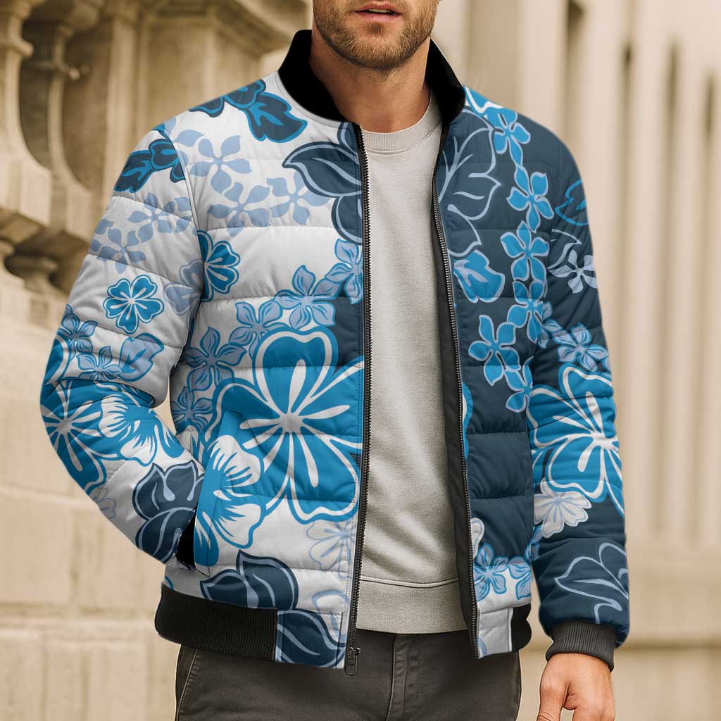 Blue Hibiscus Plumeria Floral Bomber Puffer Jacket LT01 - Polynesian Pride