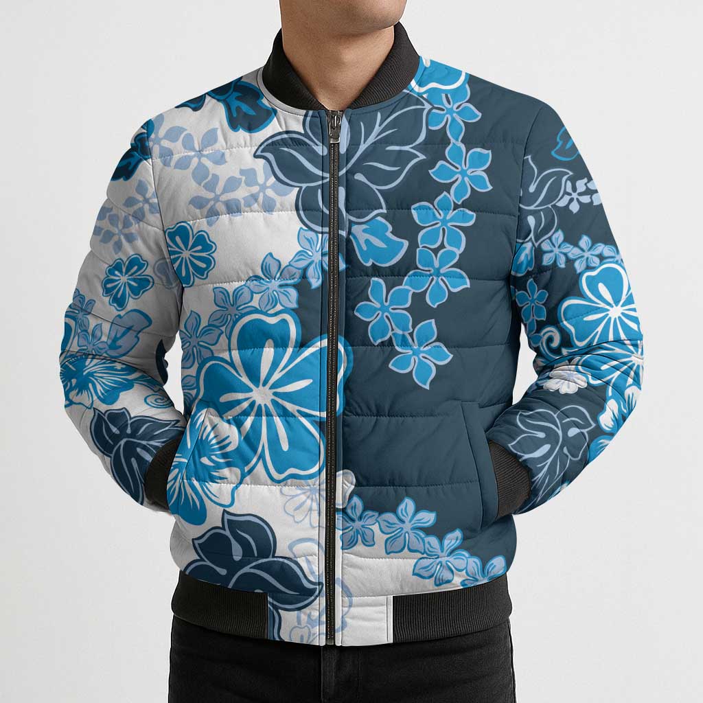 Blue Hibiscus Plumeria Floral Bomber Puffer Jacket LT01 - Polynesian Pride