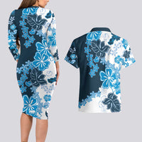 Blue Hibiscus Plumeria Floral Couples Matching Long Sleeve Bodycon Dress and Hawaiian Shirt - Polynesian Pride