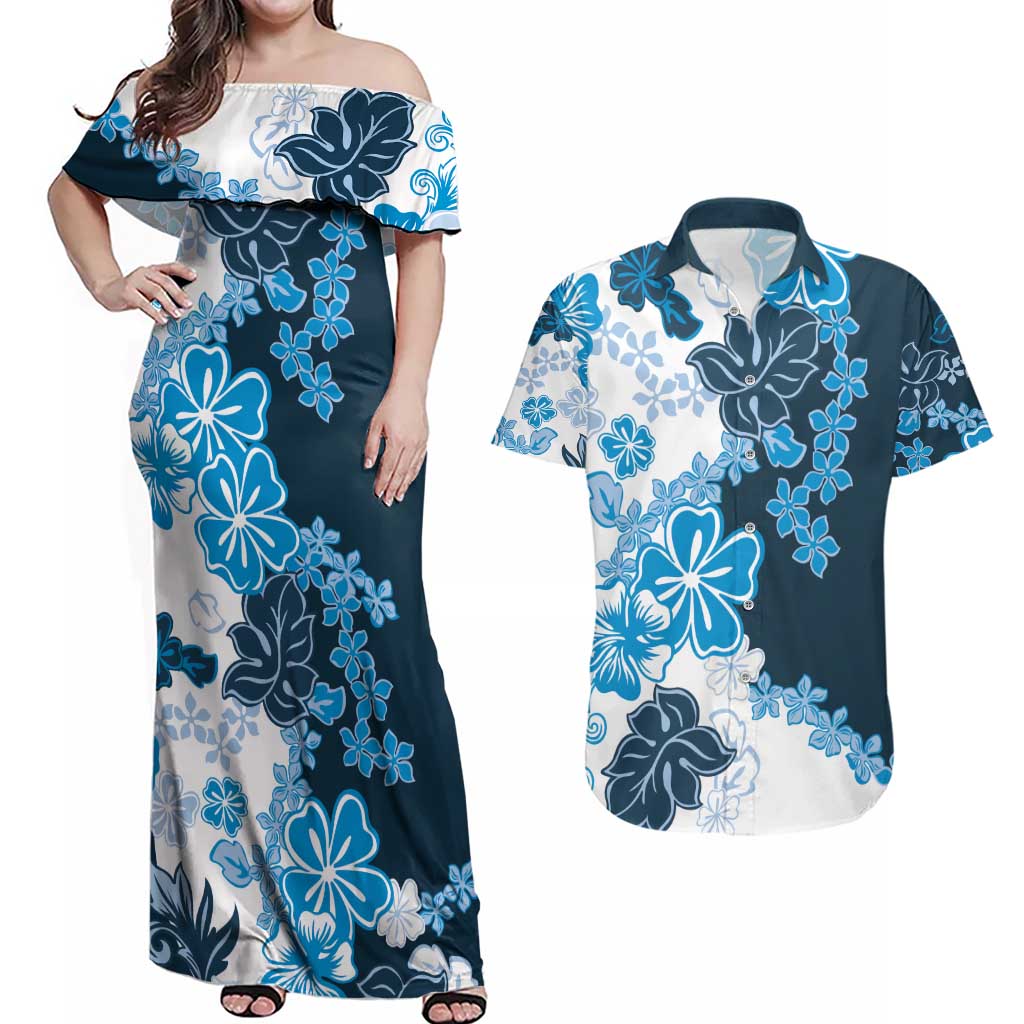 Blue Hibiscus Plumeria Floral Couples Matching Off Shoulder Maxi Dress and Hawaiian Shirt - Polynesian Pride