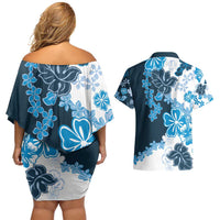Blue Hibiscus Plumeria Floral Couples Matching Off Shoulder Short Dress and Hawaiian Shirt - Polynesian Pride