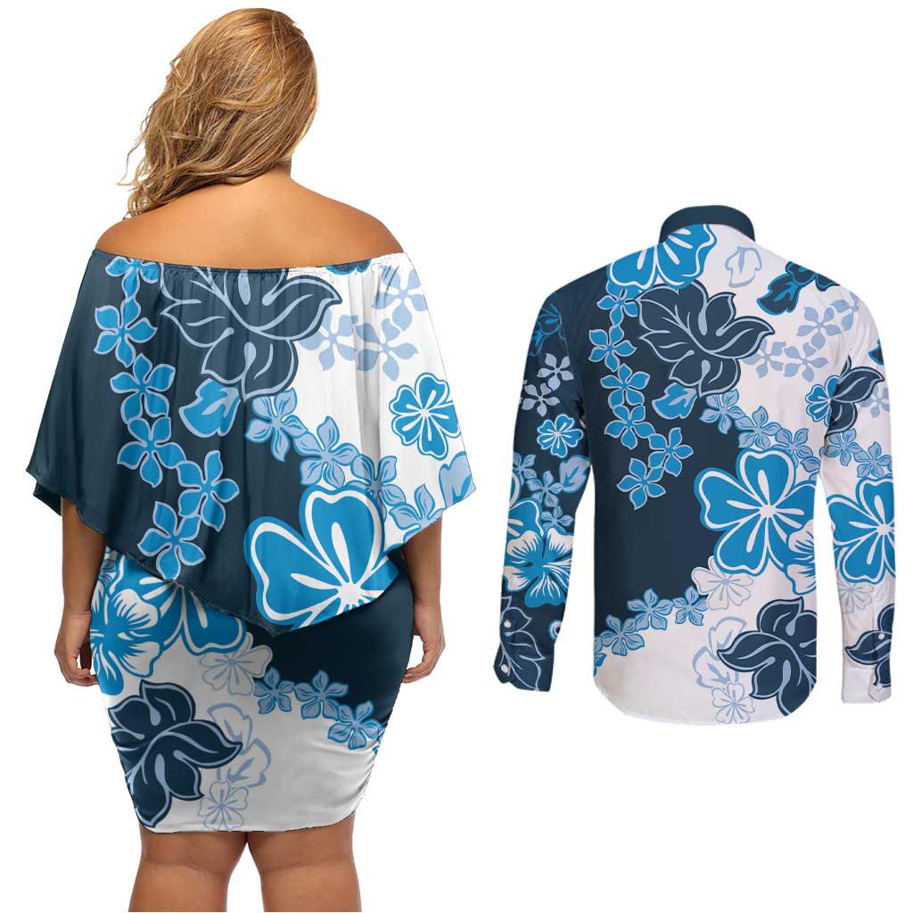 Blue Hibiscus Plumeria Floral Couples Matching Off Shoulder Short Dress and Long Sleeve Button Shirt LT01 - Polynesian Pride