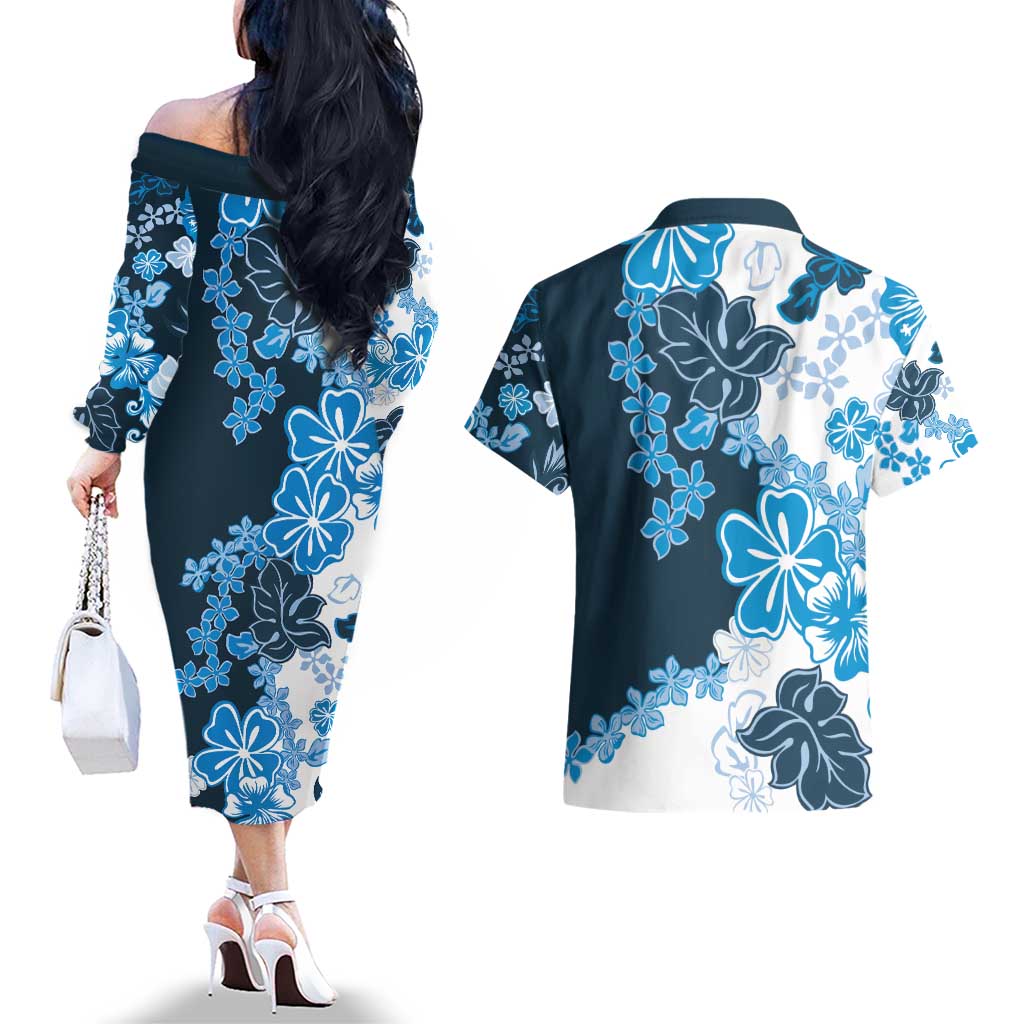 Blue Hibiscus Plumeria Floral Couples Matching Off The Shoulder Long Sleeve Dress and Hawaiian Shirt - Polynesian Pride