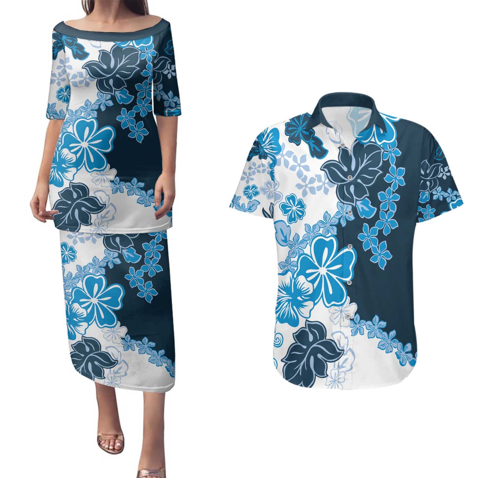 Blue Hibiscus Plumeria Floral Couples Matching Puletasi and Hawaiian Shirt LT01 Blue - Polynesian Pride