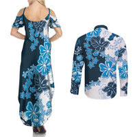 Blue Hibiscus Plumeria Floral Couples Matching Summer Maxi Dress and Long Sleeve Button Shirt LT01 - Polynesian Pride