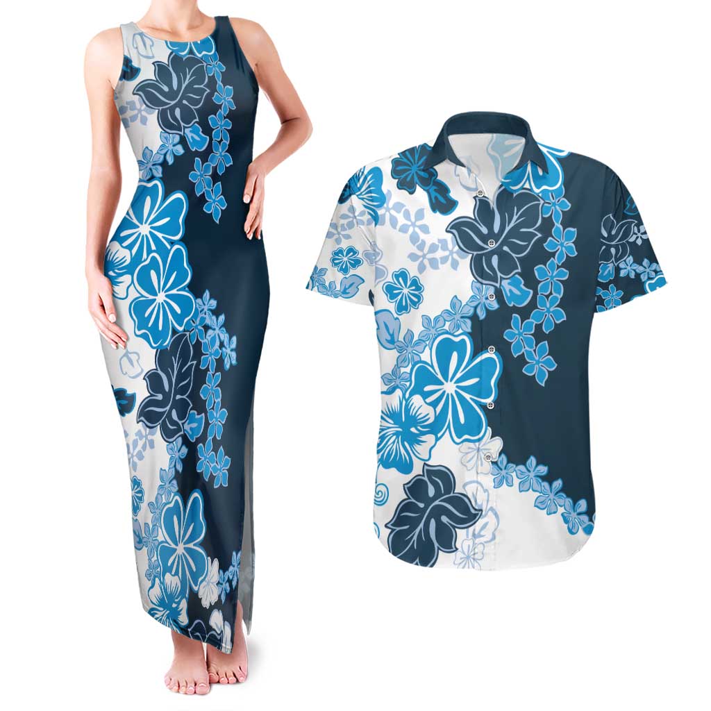 Blue Hibiscus Plumeria Floral Couples Matching Tank Maxi Dress and Hawaiian Shirt - Polynesian Pride
