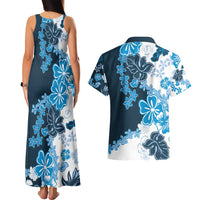 Blue Hibiscus Plumeria Floral Couples Matching Tank Maxi Dress and Hawaiian Shirt - Polynesian Pride