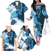 Blue Hibiscus Plumeria Floral Family Matching Off The Shoulder Long Sleeve Dress and Hawaiian Shirt - Polynesian Pride