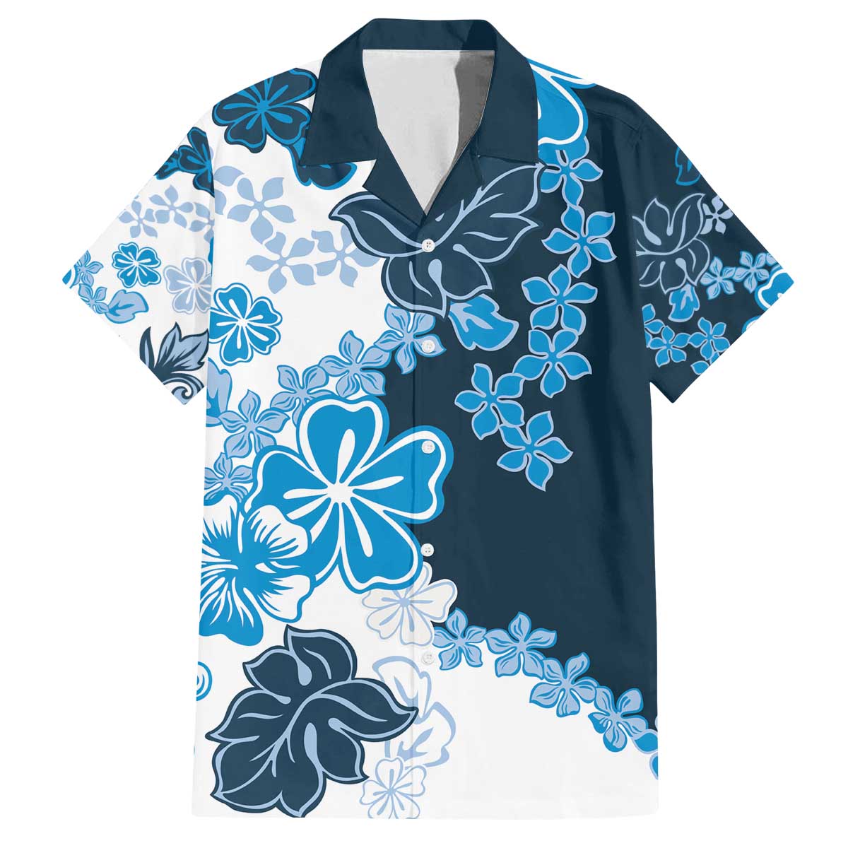 Blue Hibiscus Plumeria Floral Family Matching Off The Shoulder Long Sleeve Dress and Hawaiian Shirt - Polynesian Pride