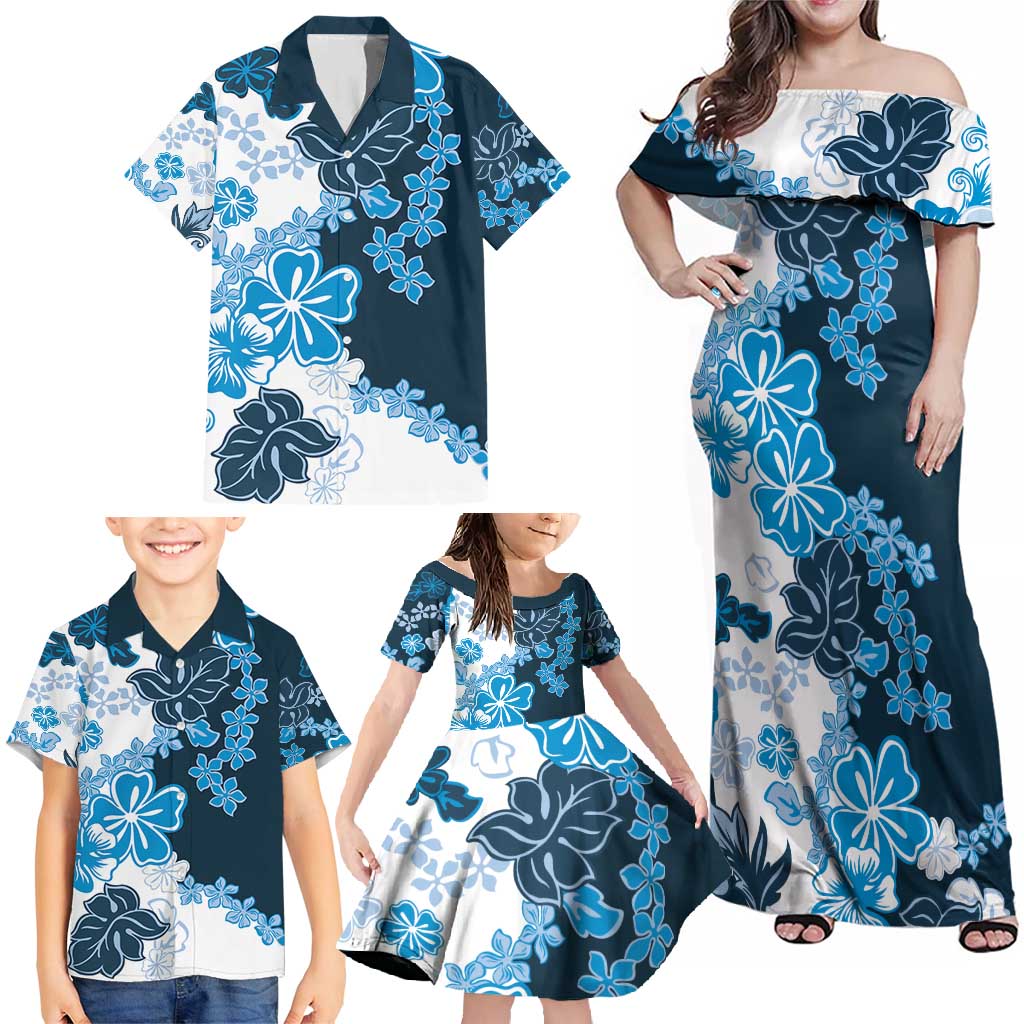 Blue Hibiscus Plumeria Floral Family Matching Off Shoulder Maxi Dress and Hawaiian Shirt - Polynesian Pride