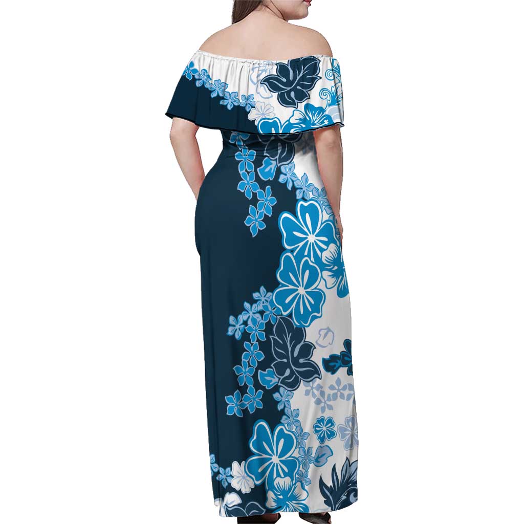 Blue Hibiscus Plumeria Floral Family Matching Off Shoulder Maxi Dress and Hawaiian Shirt - Polynesian Pride